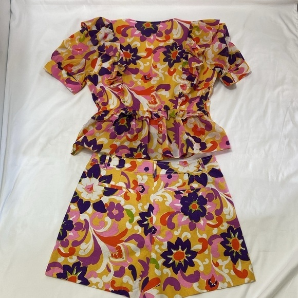 J.Crew Women’s Floral,Ruffle,Wrap,Cotton Top. Size- Large & Short Pants. Size-12 - Picture 2 of 16